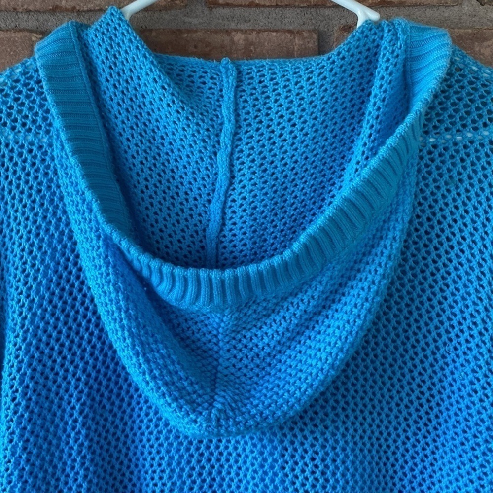 Quacker Factory Turquoise Open Knit Hoodie Cardigan Large GUC - Picture 6 of 8